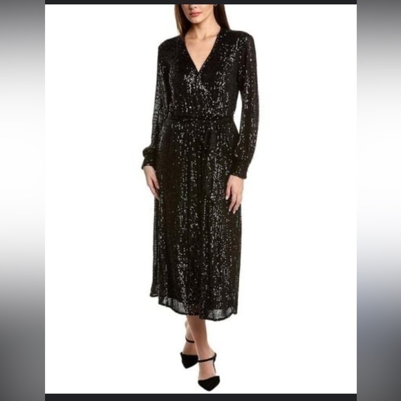 ▶️ Anne Klein ◀️ Black Sequin Surplice Midi Dress. Size 4